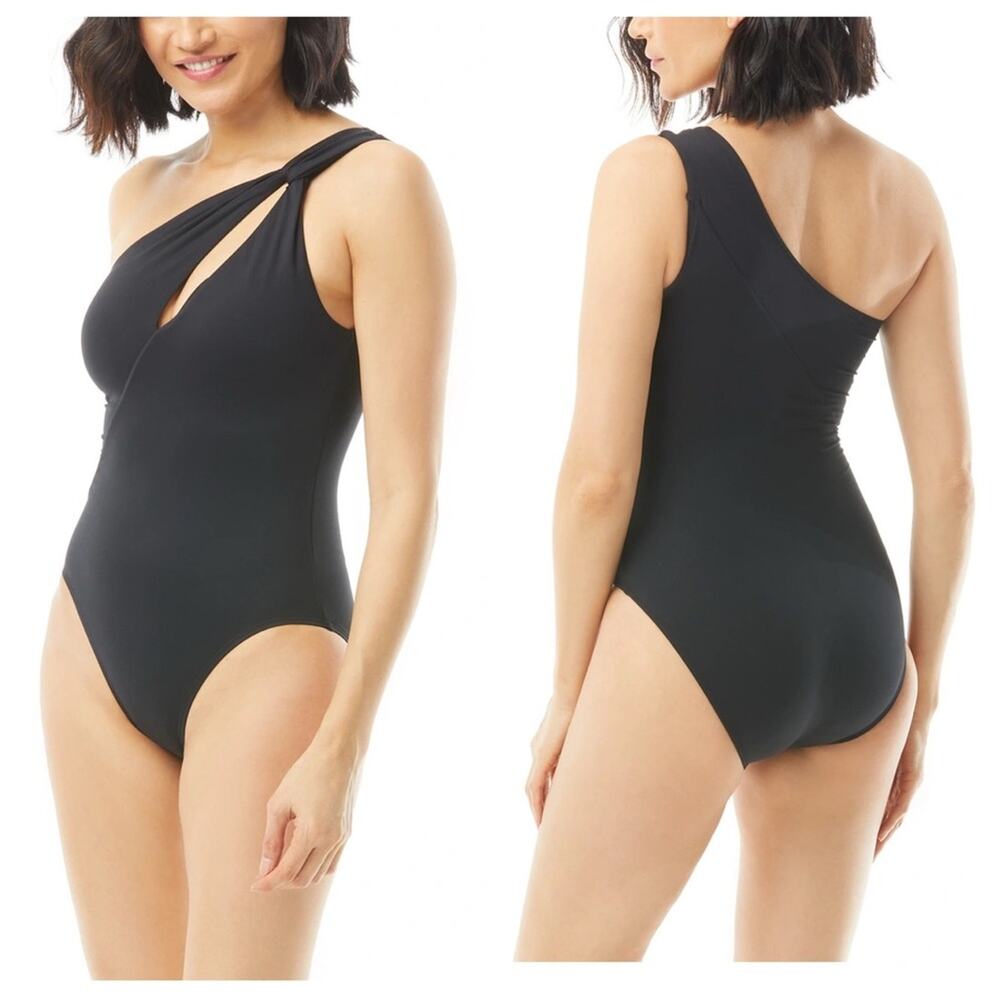 NEW Carmen Marc Valvo One Shoulder Cutout One Piece Swimsuit in Black - Size 14